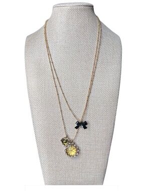 Betsey Johnson Gold Tone Layered Necklace with Black Bow and Yellow Watch Charm